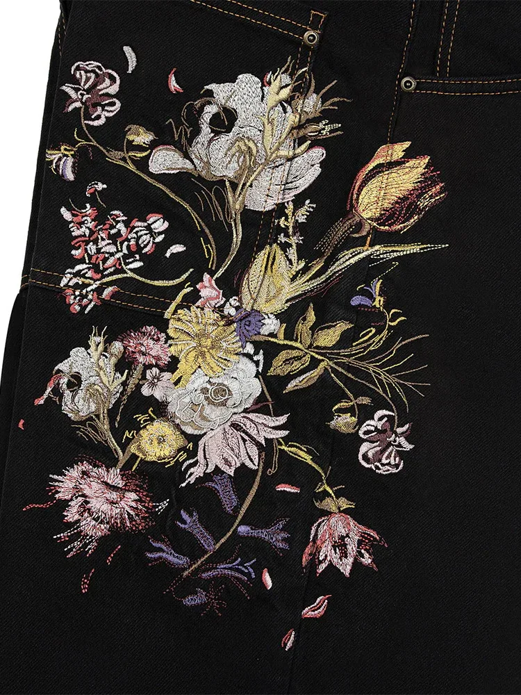 بنطال جينز كاجوال مطرز بالزهور للنساء مستقيم الساق من قماش الدنيم مريح l الخصر وسحاب للإغلاق متوسط الوزن باللون الأزرق #3