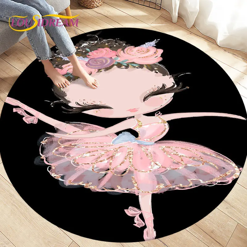 Tapis rond de bande dessinée de fille de ballet mignonne, décor de salle de jeux de sofa, salon et chambre à coucher d\'enfants, polymères de