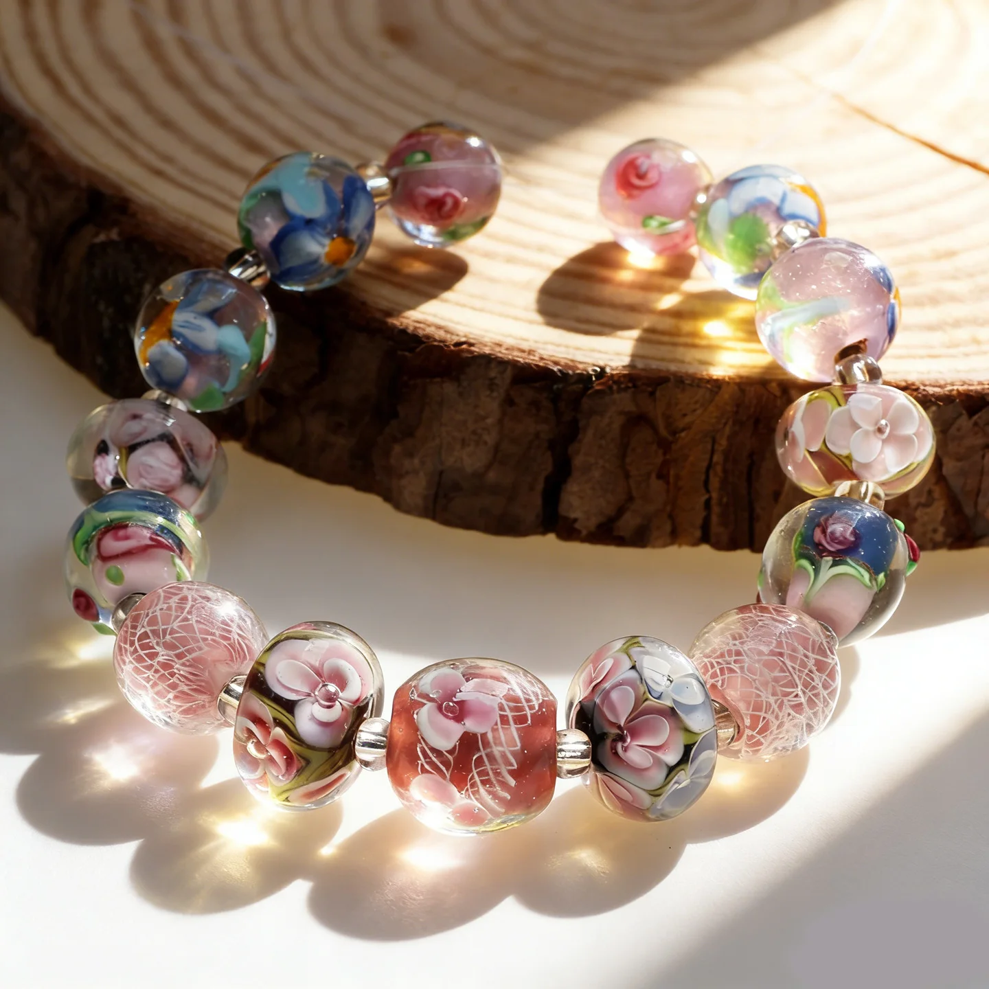 Pink Flower 01 1set ! Handmade Romantic Lampwork Glass Loose Beads For Charm DIY Bracelets/Necklace Jewelry Making Accessories !