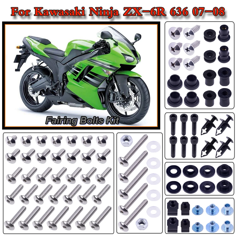 

Motorcycle Stainless Complete Bodywork Fairing Bolt Kit Screws Clip For Kawasaki Ninja ZX-6R 636 2007 2008