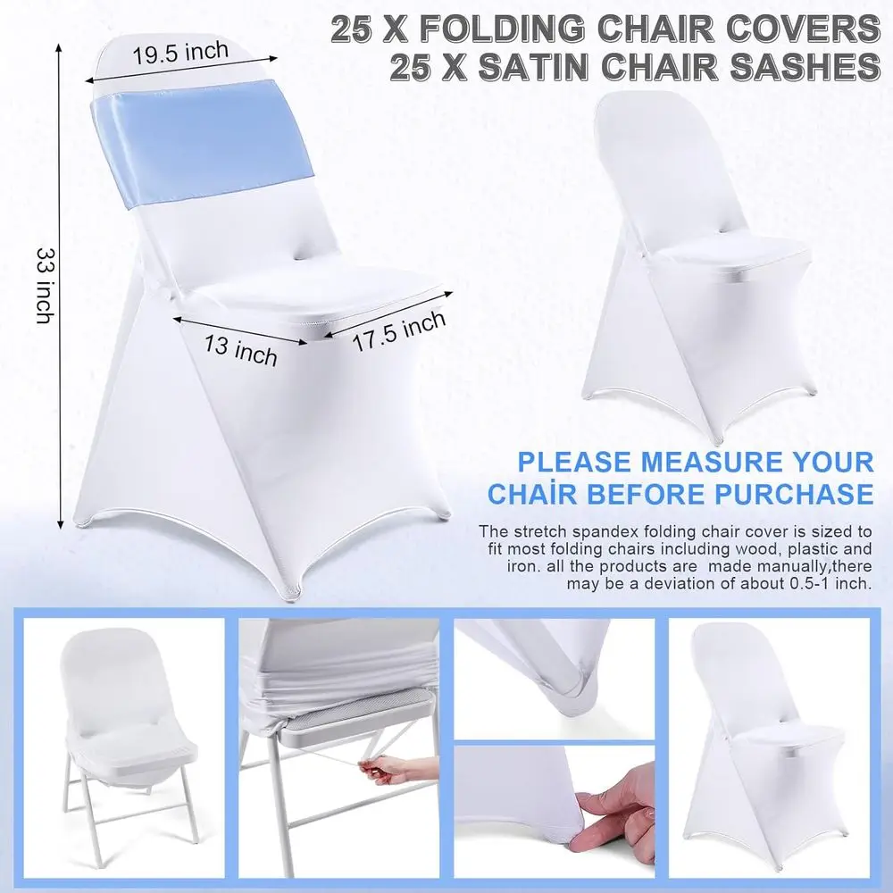 Набор из 50 складных чехлов на стулья с 25 чехлами из спандекса и 25 атласными бантами — моющиеся для свадеб и мероприятий в цвете White & Sky Bl