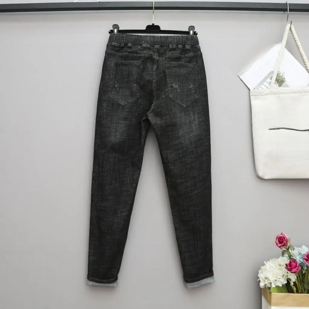 

Утолщенные шаровары на флисовой подкладке больших размеров, эластичные повседневные брюки с высокой талией для пухлых женщин, осенние модные джинсы