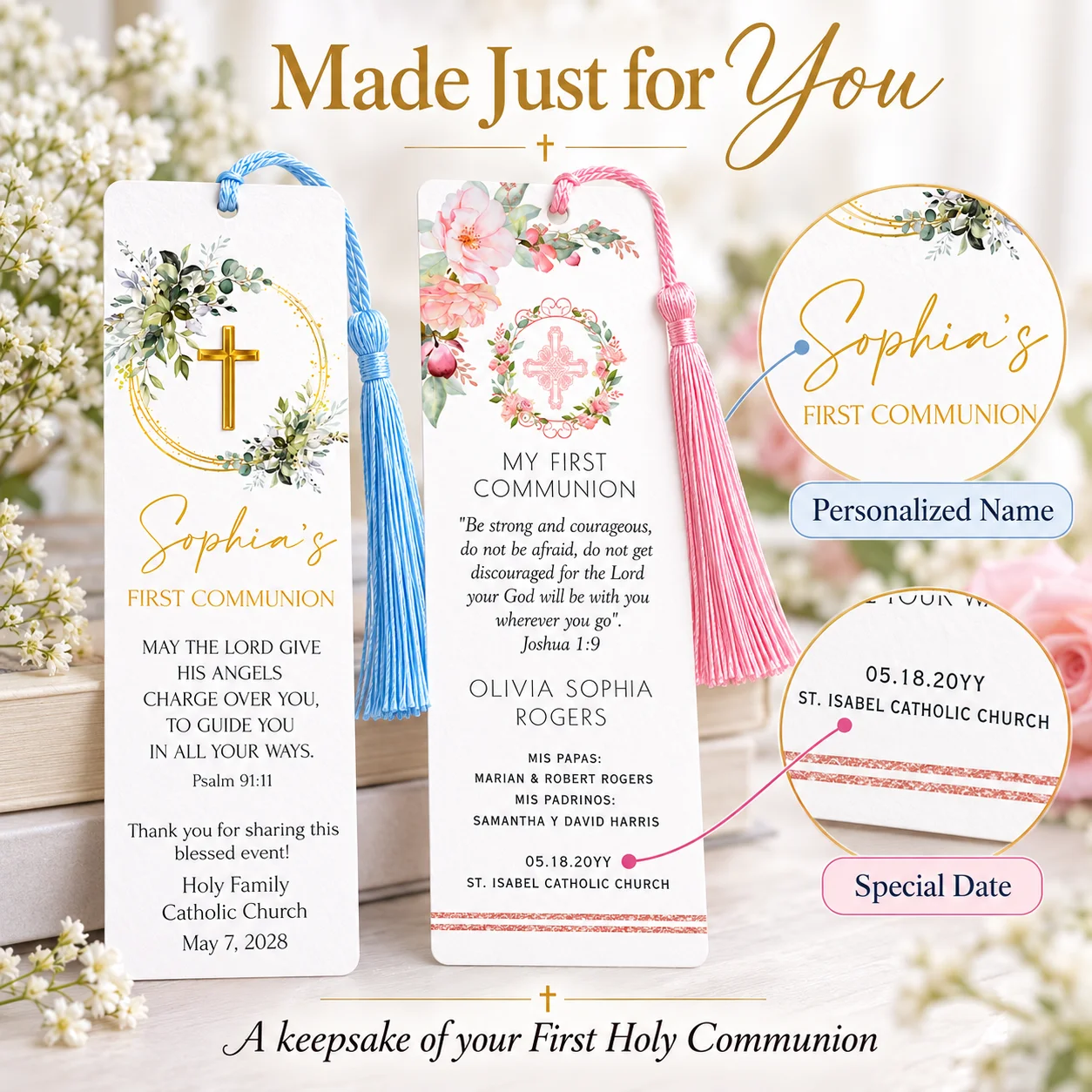 Customized First Holy Communion Bookmark Card with Personalized Name and Date, Pink and Blue Tassel Design, 12×4cm. Personalized Name and Date Bookmark, Can Be Used as a Keepsake Gift, Suitable for Church Ceremonies, Gifts for Friends and Family, Featuring Exquisite Floral Cross Patterns to Convey Love and Blessings, Cherish Beautiful Moments, Party Favors, Reading Commemorative Cards