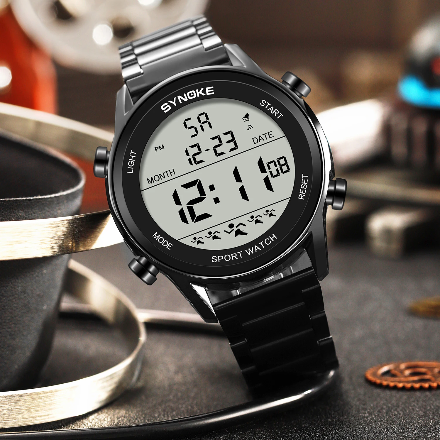 SYNOKE Stainless Steel Strap Digital Men\'s Watches Chrono Clock Waterproof Male Wristwatch Electronic Watches Relogio Masculino