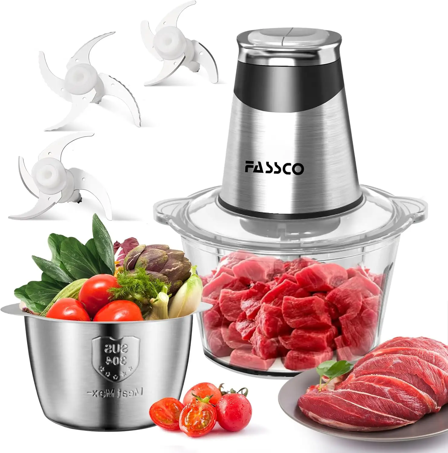 

Food Processors, Electric Food Chopper, Meat Grinder With 2 Bowls (8 Cup+5 Cup),400W Copper Motor - 3 Bi-Level Blades For