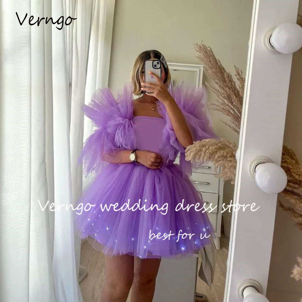 

Verngo 2023 Lavender Short Prom Party Dresses Ruffles Shoulder Tulle Princess Cocktail Dress Dance Tutu Cosply Cocktail Dress