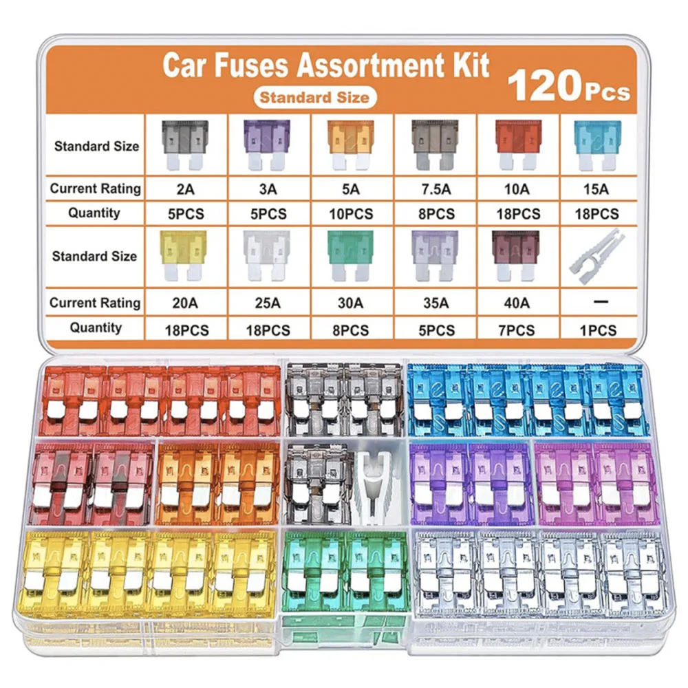 120Pcs Standard Fuse Kit,Blade Fuses Assortment Kit, (2Amp 3A 5A 7.5A 10A 15A 20A 25A 30A 35A 40A) + With Fuse Puller
