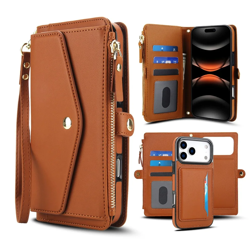 

2 In 1 Solid Color Leather Detachable Flip Cover for iPhone Air 17e 16e 15 14 Plus 13 12 Pro Max with Zipper Wallet Card Slots