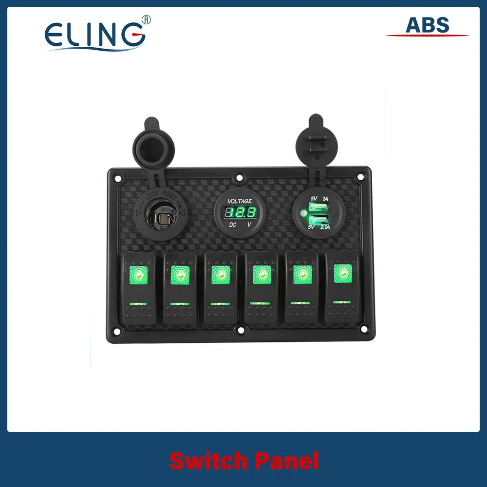 ELING ON-OFF Rocker 6 Gang Switch Panel LED Voltage Display USB 5V 3.1A USB Charger+Cigarette Lighter For Truck Boat Car