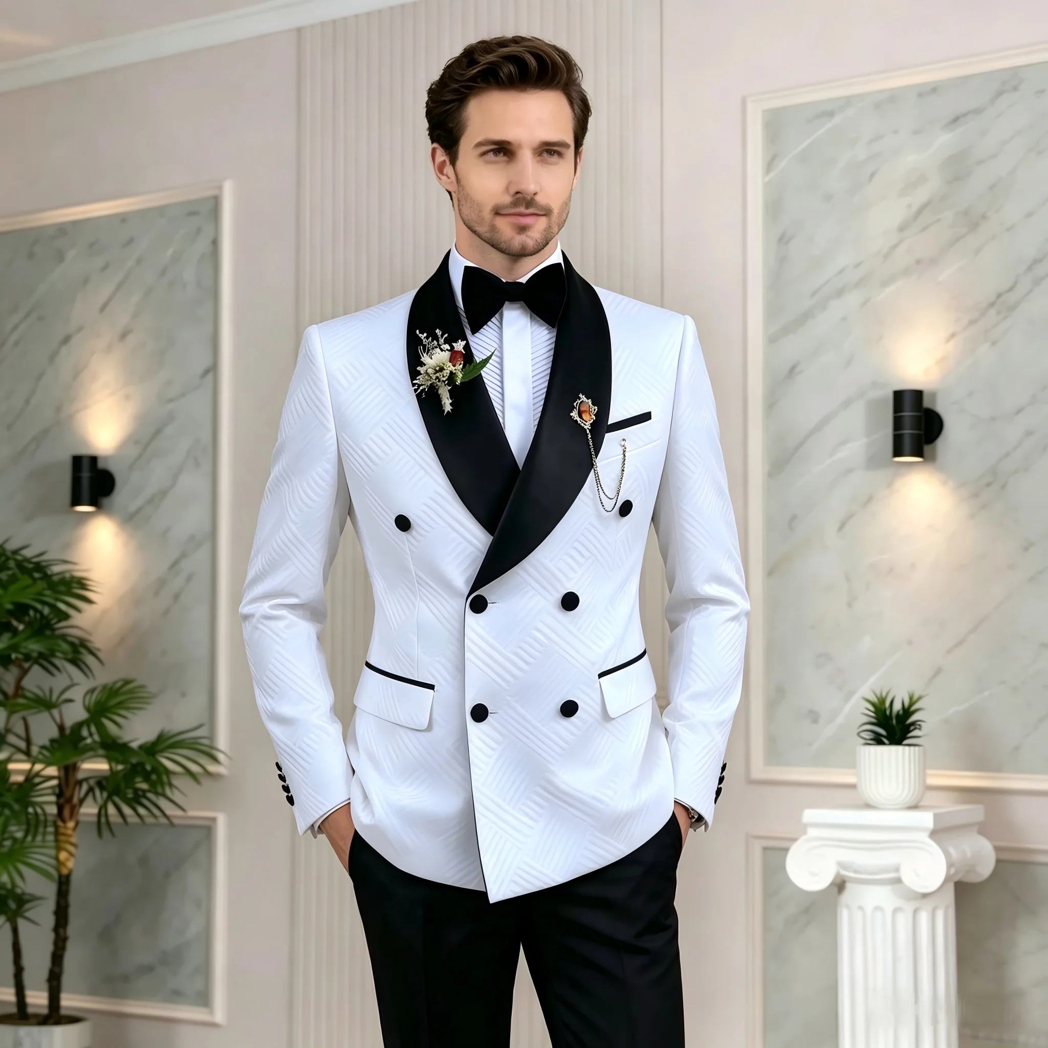 Premium Men's Suit White Plaid 2 Pieces Set Double-breasted Jacket Black Pants Custom Slim Fit for Wedding Grooms Party Tuxedos