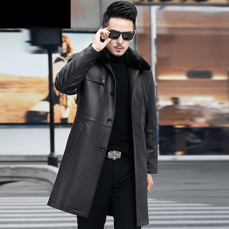 YOLANFAIRY Genuine Leather Real Fur Coats Men Clothes Goatskin Detachable Mink Fur Collar Inner Jackets Mid-Length Coat Winter
