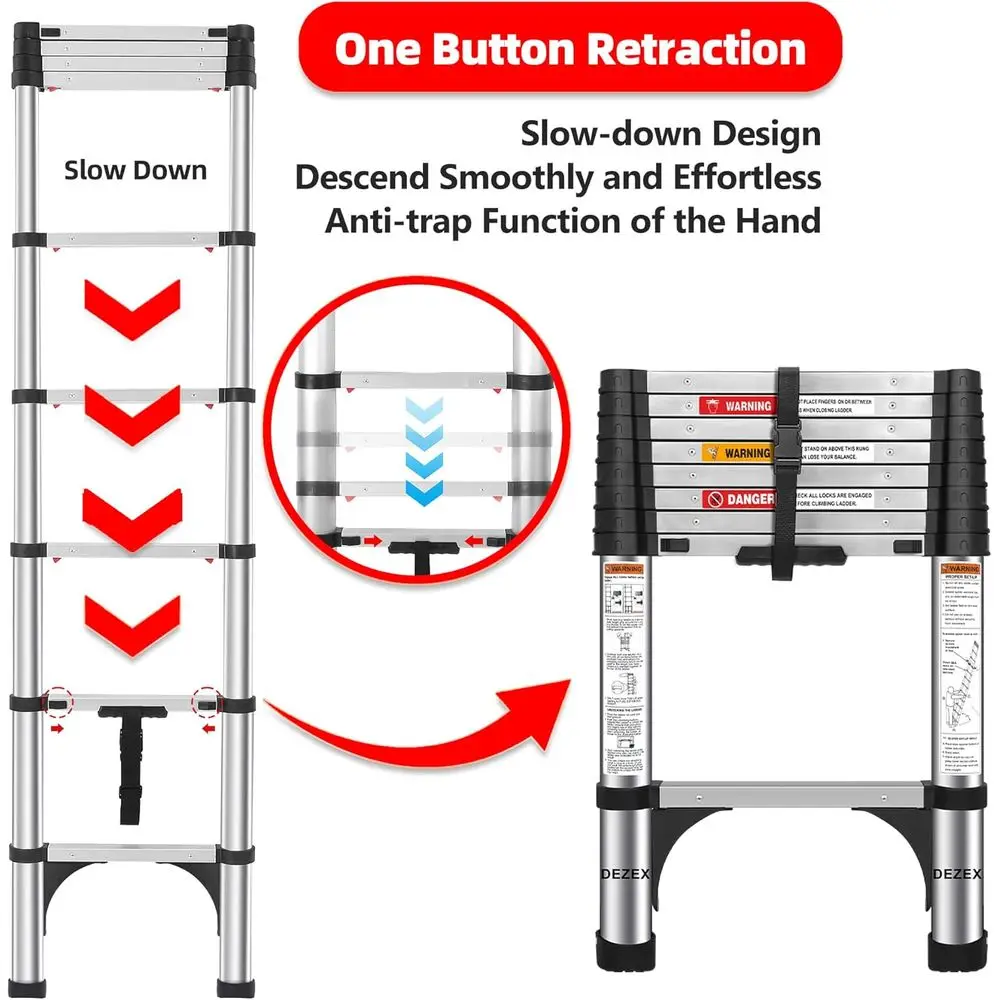 سلم تصغير من الفولاذ المقاوم للصدأ بطول 8.5 قدم - سهل السحب، سعة 375 رطلاً، مثالي للمنزل، RV، Loft
