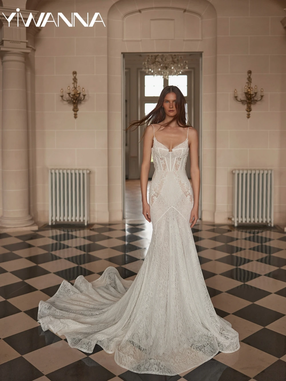 

Illusion Pearls Lace Mermaid Long Wedding Dress Elegant Spaghetti Straps Bridal Gown New Customized Dreamy Dresses For Bride