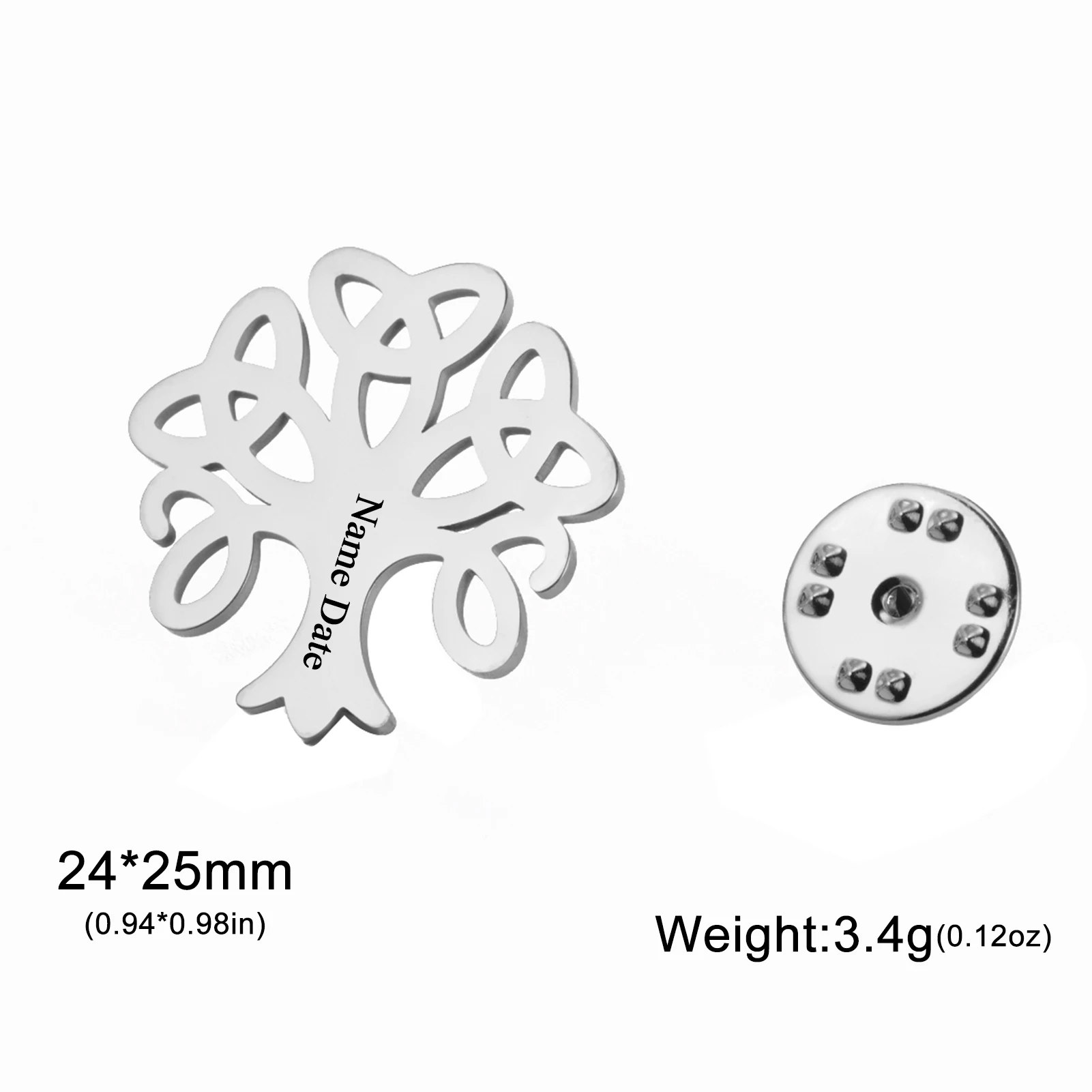 Sipuris Lebensbaum, personalisierte Anstecknadel mit Gravur von Namen und Datum, für Damen und Herren, aus Edelstahl, personalisiertes Namensschild, modischer Schmuck. – Detail 11