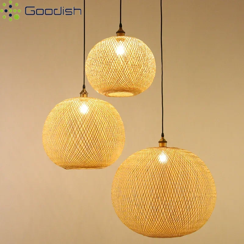 

Janpanese Weaving Spherical Pendant Lights Vintage Wooden Lamps for Restaurant Garden Tea Room Staircase Home Decor Chandelier