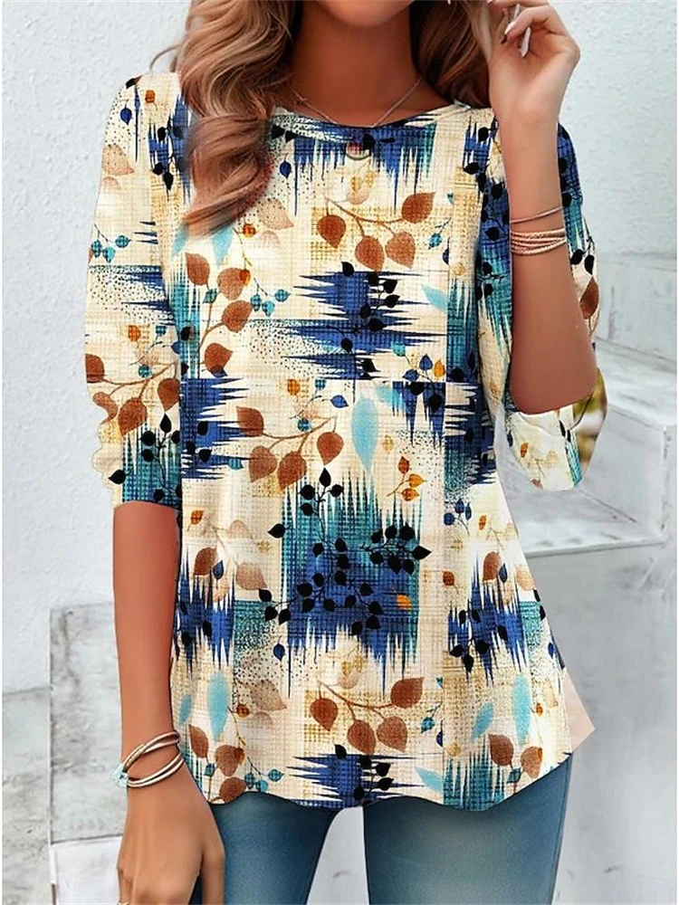 Women's Long-sleeved Retro Botanical Print T-shirt for Autumn Artistic Style Simple and Fashionable Street Style Loose Fit Top