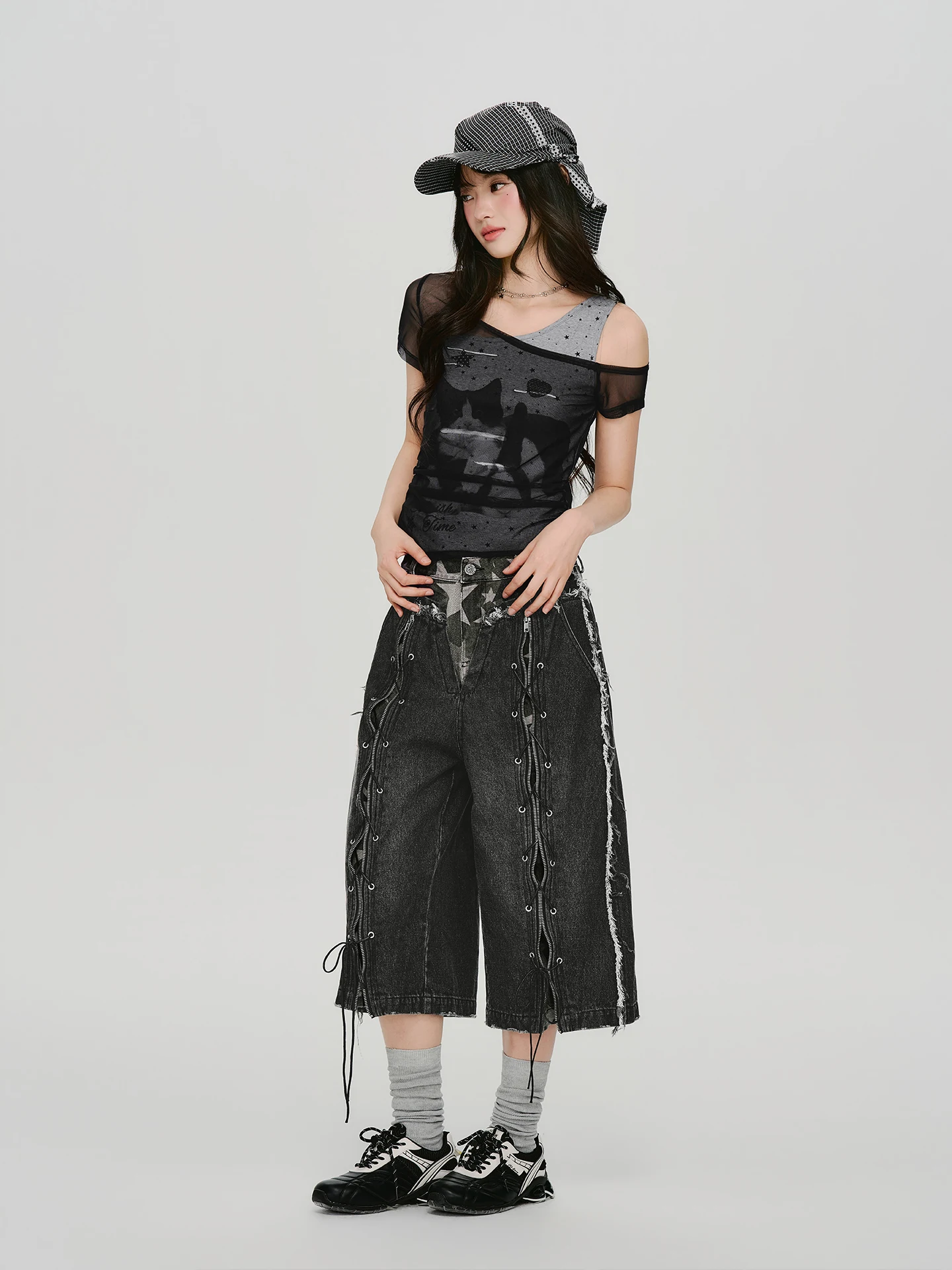 Girlyhalo American Retro Striped Tie Waist Denim Jeans Women Summer New Straight Leg Wide Leg Seven Pieces Pants