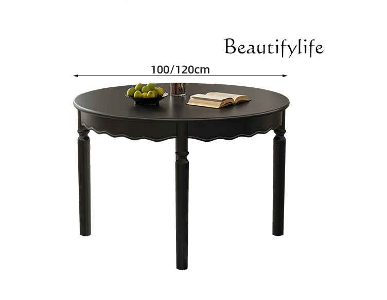 French retro style black all solid wood round dining table and chair combination household small apartment dining table