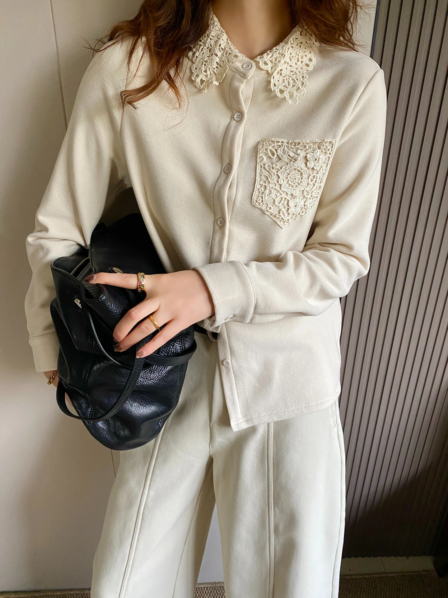 

Женская шерстяная кофта с длинным рукавом, кружевными вставками и вырезами, на флисовой подкладке, с отложным воротником, базовый слой, повседневный стиль