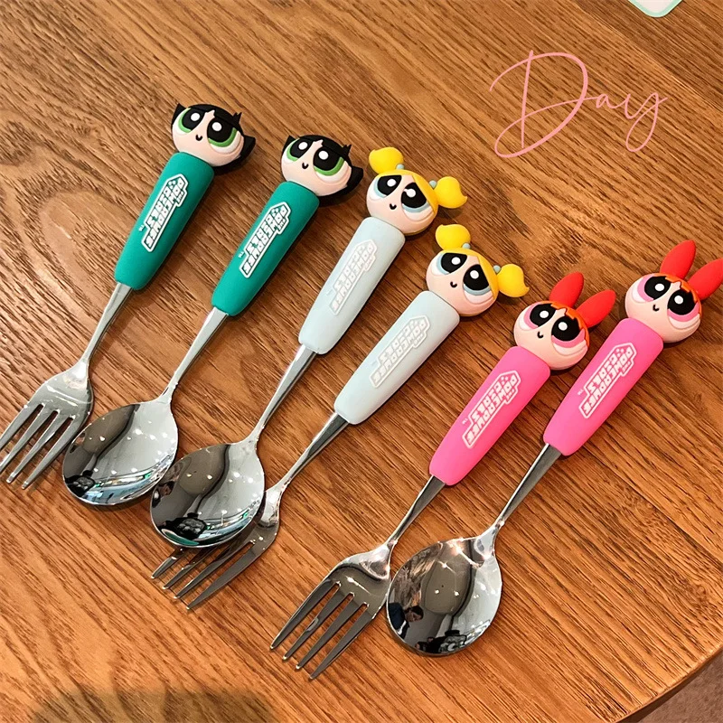 The Powerpuff Girls Childrens Tableware 304 Stainless Steel Fork Spoon Set Cute Teaspoon Dessert Snack Scoop Spoons Kitchen Tool