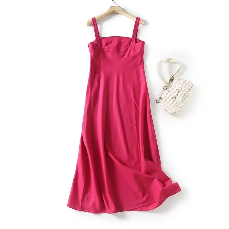 

Maxdutti French Elegant Fashion Ladies Dress Women Rose Red Sleeveless Dress Vacation Summer Casual Cotton Linen