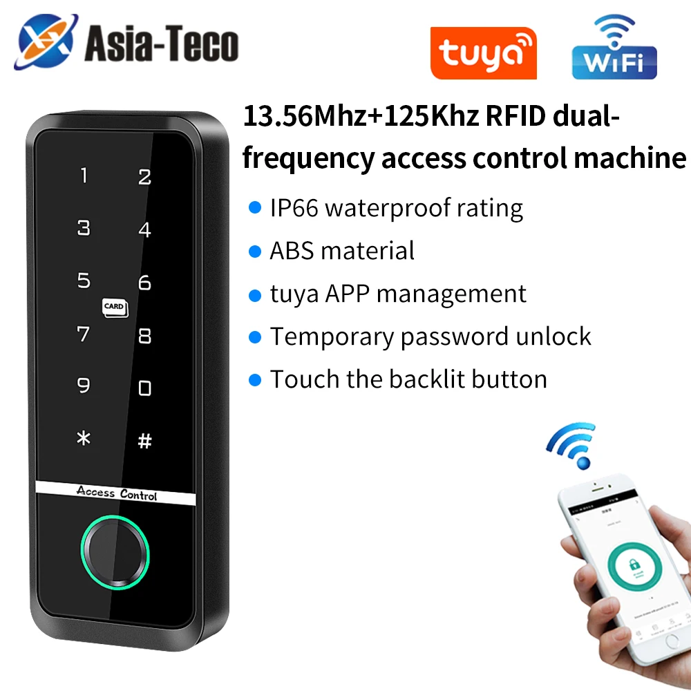 125Khz+13.56Mhz WiFi Tuya App Fingerprint Door Lock RFID Card Reader Access Controller Keypad Waterproof Door Access Control