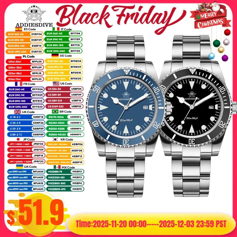 ADDIESDIVE 39mm Men's Watches AD2068 316L Steel BGW9 Super Luminous 20Bar Waterproof Display Calendar Quartz Watches