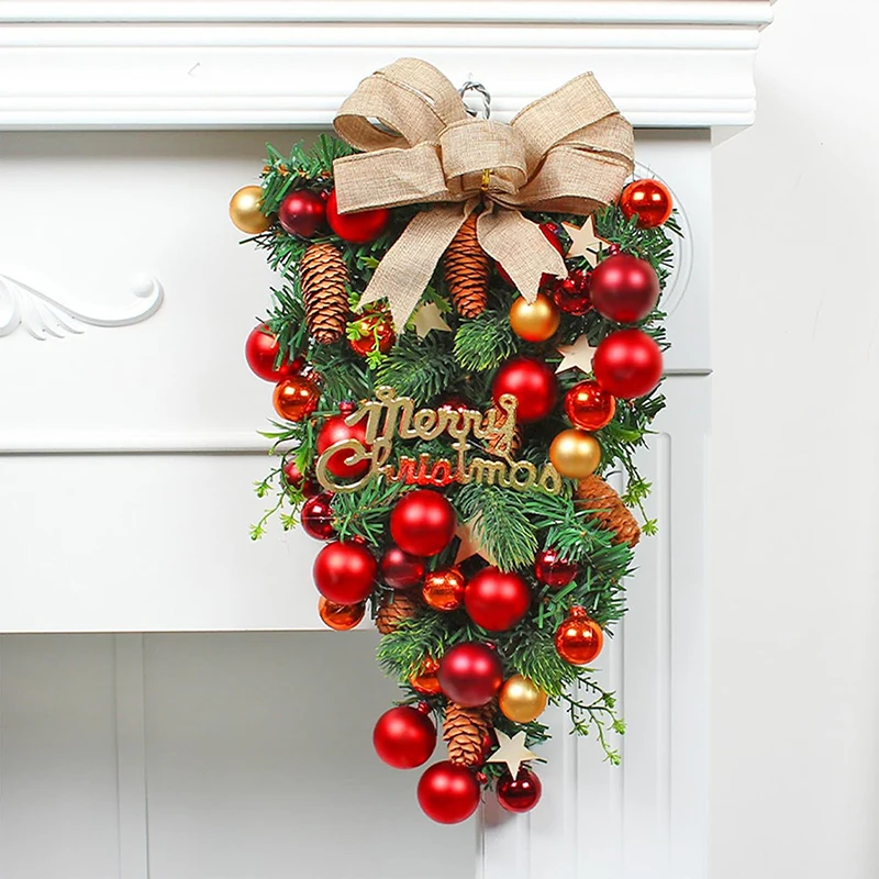 Christmas Teardrop Swag Hanging Door Wreath with Christmas Balls Pine Cones Window Garland for Holiday Home Decoration