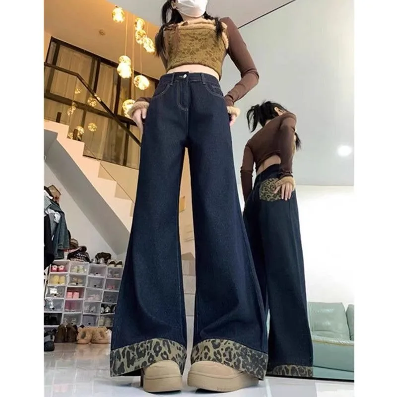 New Spring and Autumn Women's Leopard Print Jeans, Plus-size and Plump Girls Retro Floor-length Loose Slimming Wide-leg Pants