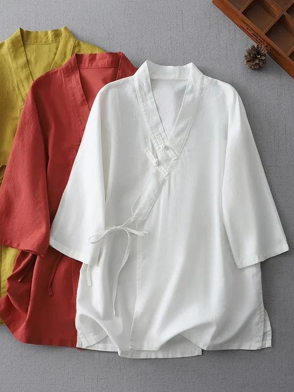 

New Chinese Sle Artistic Cotton Linen irt Women Summer Retro Zen Tea Hanfu V Ne Belted Loose Fit oulder Width irt