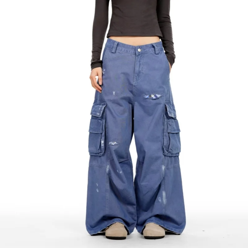 

2026 Cyber Y2K Streetwear Multi Pockets Blue Baggy Cargo Women's Jeans Pants For Woman Clothes Wide Leg Long Trousers Ropa Mujer