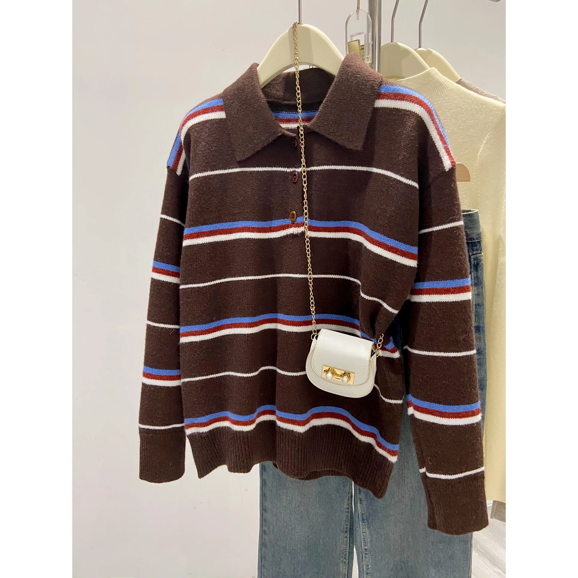 Suéter de Punto a Rayas con Cuello Polo Retro a la Moda, para Mujer, Otoño Invierno, Estilo Casual y Holgado, Tejido de Poliéster