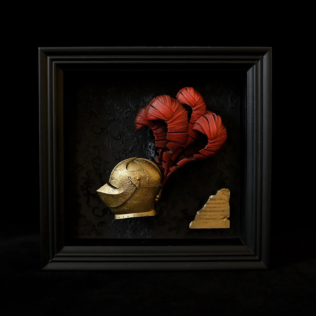 European Knight Red Tassel Helmet Photo Frame Epoxy Resin Handmade Hand-Painted Desktop Medieval Decor