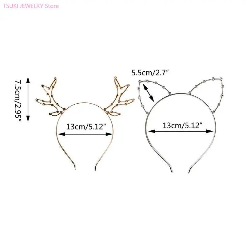 62KE Crystal for Cat Ears Headband Christmas Reindeer Antlers Hairband Performance Pr