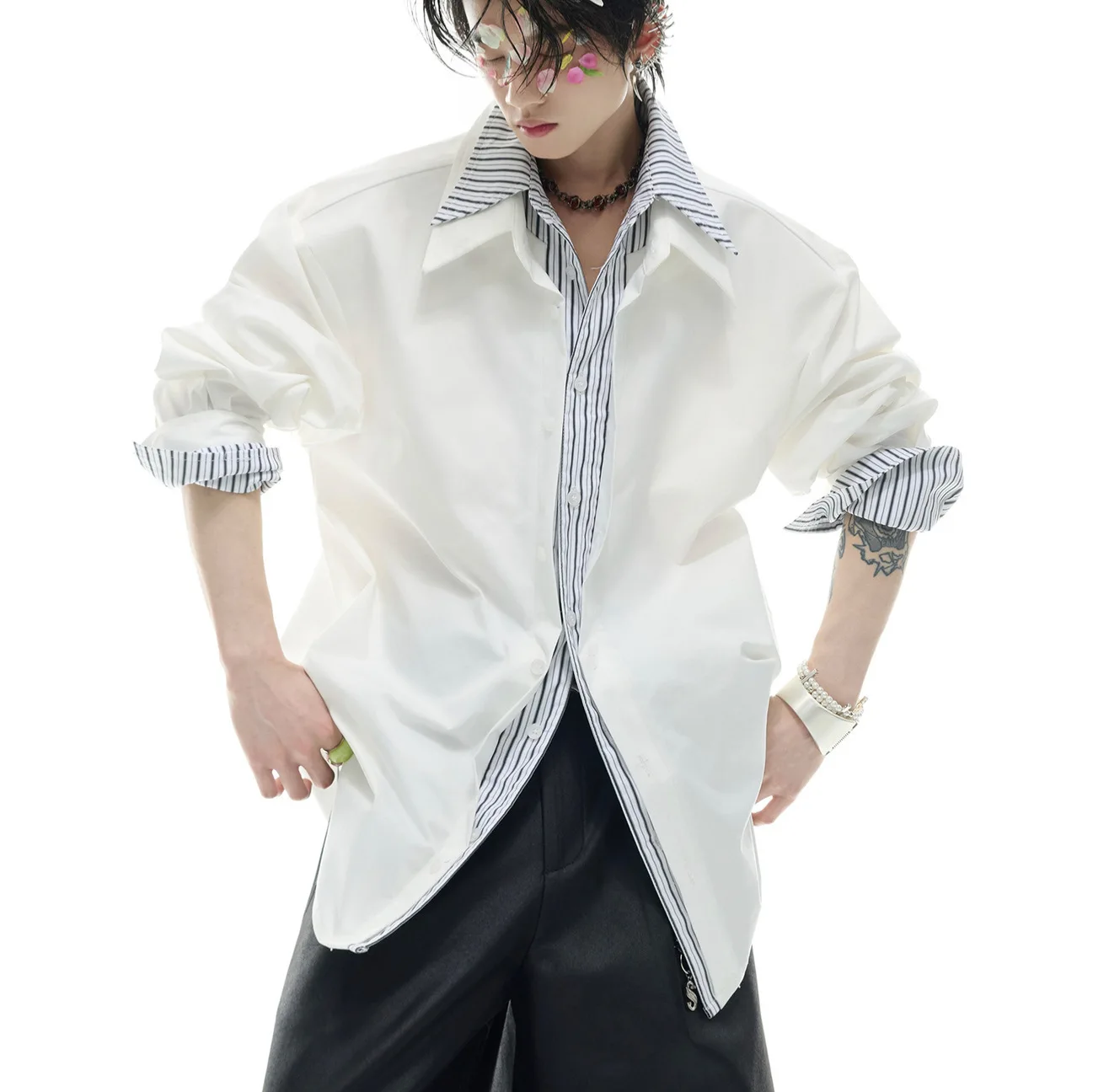 Long-sleeved Coat Fake Two-piece Striped Color-block Shirt Anti-wrinkle Splicing Design Sense Spring Cool Personality