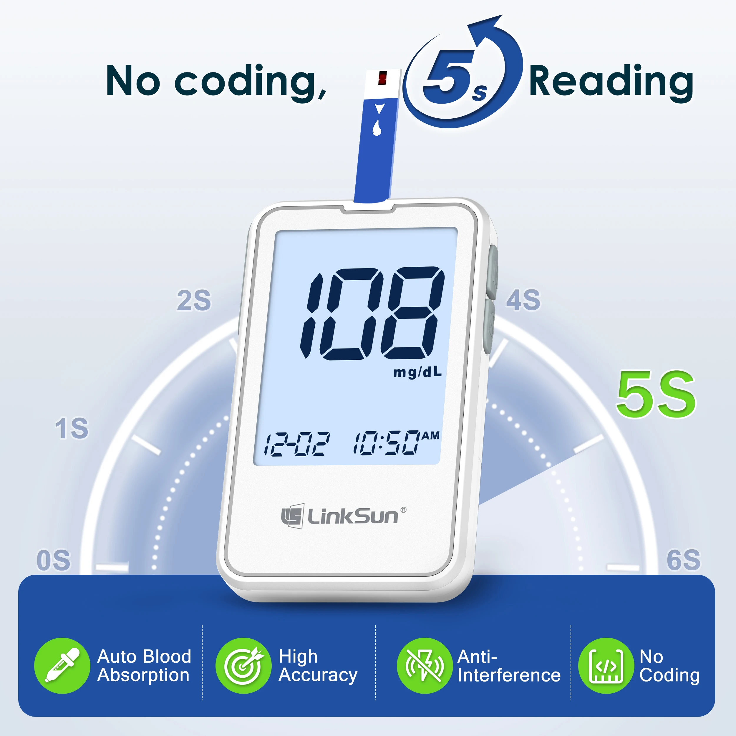 Linksun Misuratore di glicemia G-425-2 con strisce reattive Glucosemetro Kit di test digitale per il diabete Sistema di monitoraggio della glicemia nel sangue