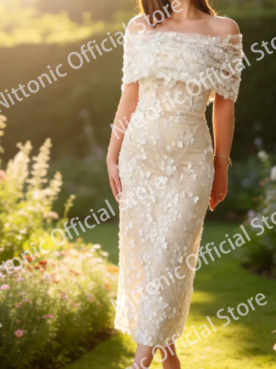 Modern Off The Shoulder Appliquins Floral Sleeveless Sheath Bride Wedding Dresses Bridal Gowns Customized