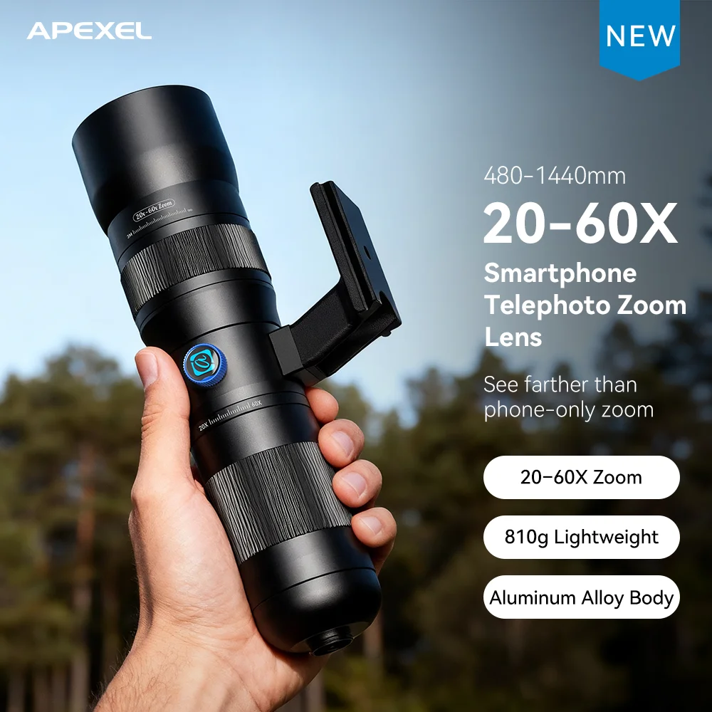 APEXEL APL-T20-60X HD Metal Telephoto Zoom Monocular With 17mm Double-thread Universal Stretch Clamp All Smartphones Outdoor Use