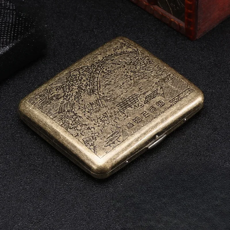 

Vintage Metal Brass Cigarette Case with Gift Box Container 20 Pcs Regular Size Tobacco Holder Pocket Storage