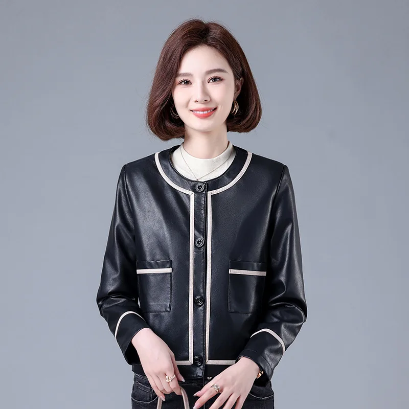 Women\'s Single Breasted Leather Jacket Spring Autumn Color Block Leather Coat Lady Short Slim Fit O Neck Outwear Top Oversize