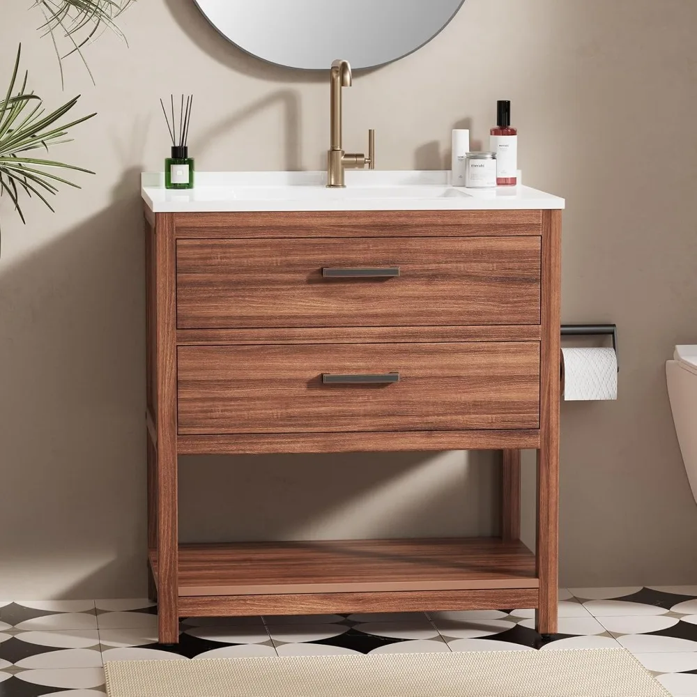 

30 Inch Bathroom Vanity with Sink, Waterproof Farmhouse Freestanding Cabinet ,SMC Resin Countertop with Soft-Close Drawers