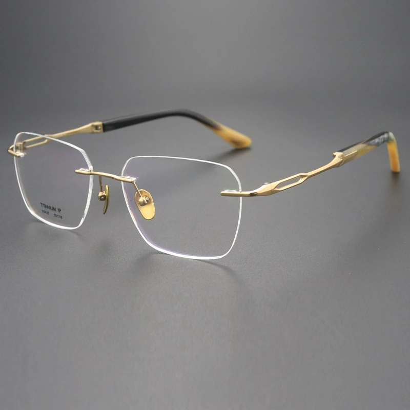 

Top Grade Handmade Square Prescription Titanium Glasses Frame Men H2423 Frameless Horn Business for Reading Rimless Eyeglasses