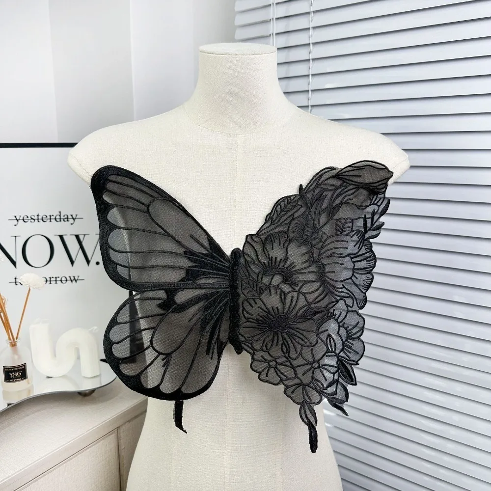 Fashion Large Butterfly Embroidery Appliques For Clothes Patches Lace Fabric Accessories For Wedding Dress Bridesmaid DIY Decor