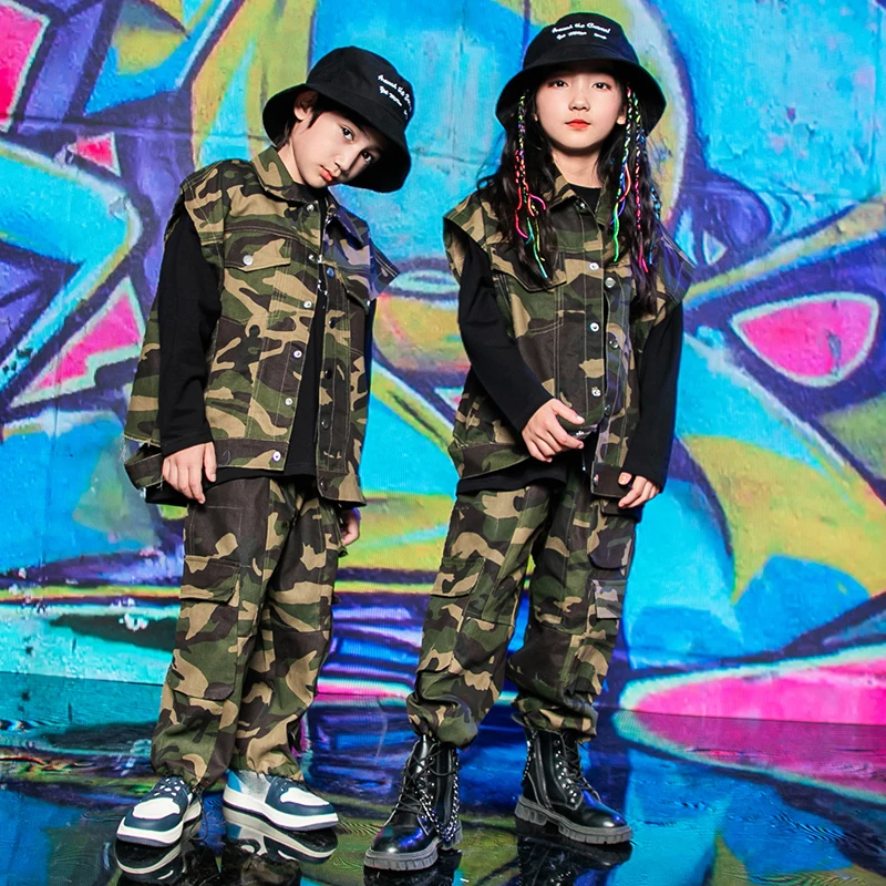 Ropa de Hip-Hop para niños, chaleco de camuflaje, pantalones Cargo, trajes de Hip-Hop Kpop para niñas, ropa de rendimiento de baile de Jazz DN13330