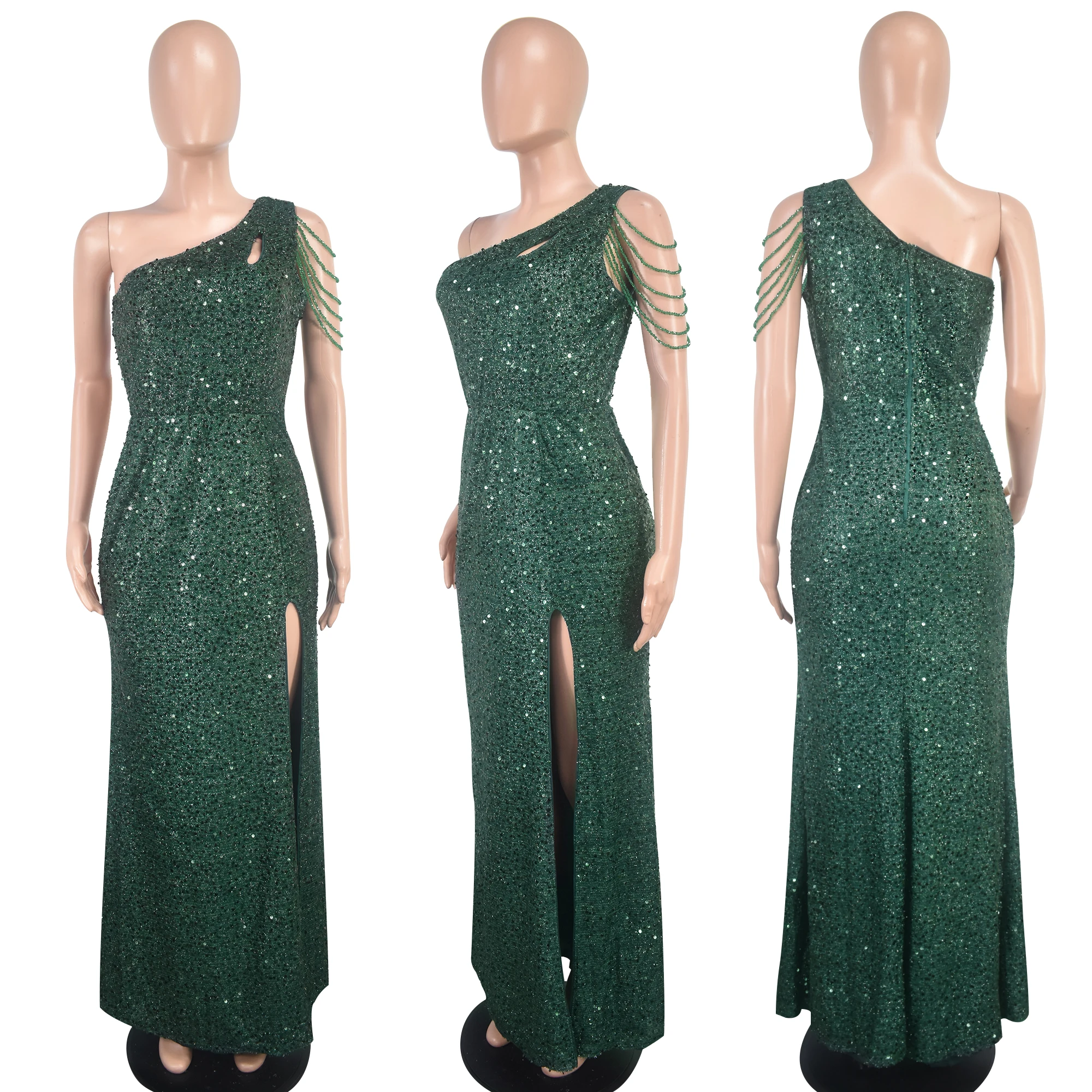 Summer New Women's Green One Shoulder Diagonal Neck Sequin Slim Fit Split Dress Long Prom Evening Dress Sexy Party Dress images - 6