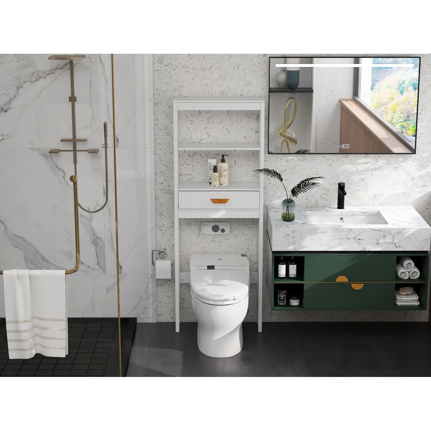 Over-the-Toilet Storage Cabinet White with one Drawer and 2 Shelves Space Saver Bathroom Rack