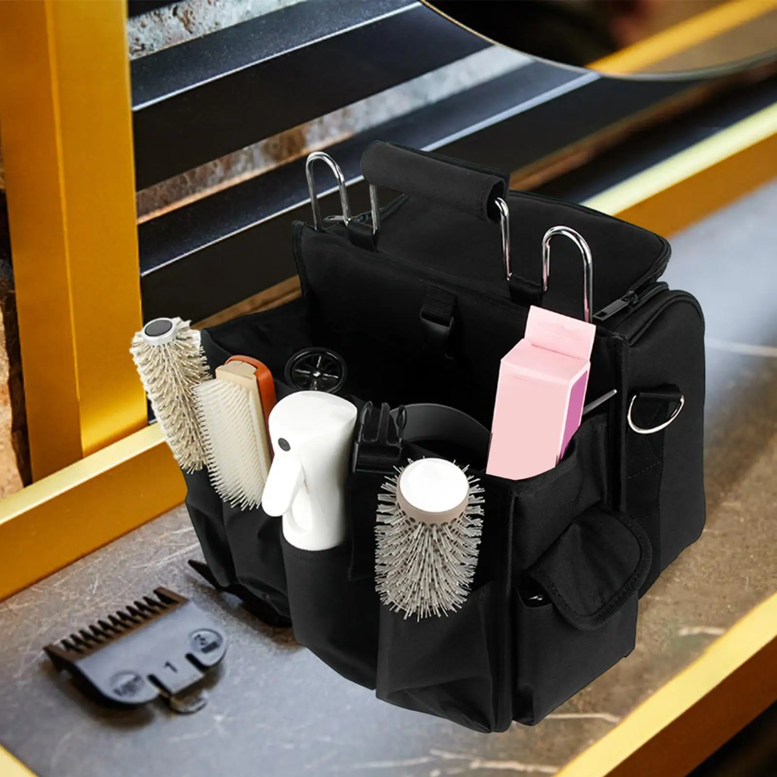 Barber Case with Pockets with Shoulder Straps Hairstylist Travel Bag for Shampoo Combs Spray Bottles Hair Clippers Curling Iron