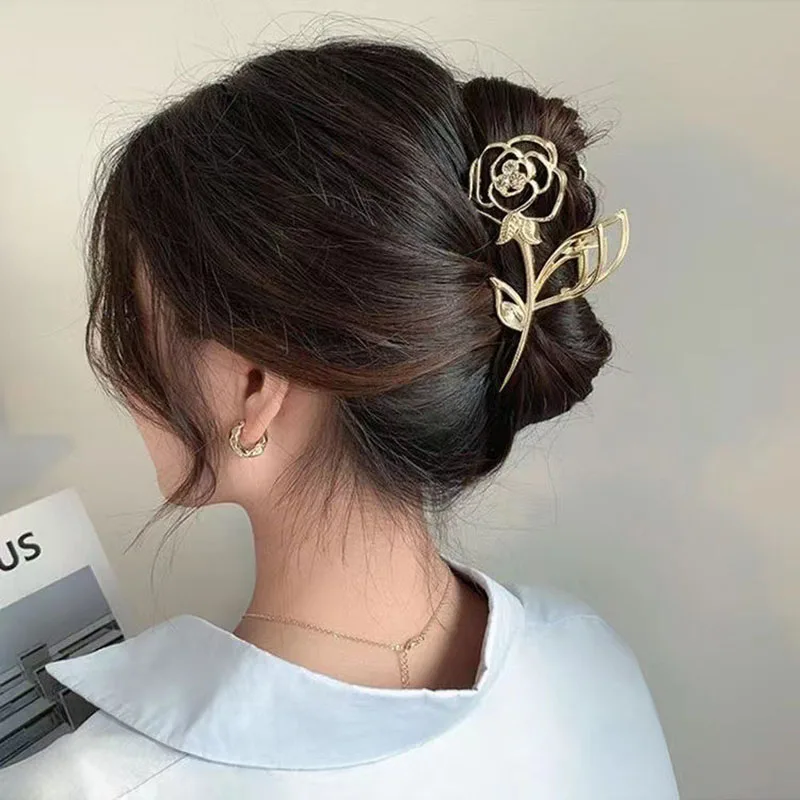 Woman Large Metal Rose Floral Leaf Hair Claw Crab Ladies Barrettes Hairgrip Girls Hair Clips Hairpins Headwear Accessories Gifts