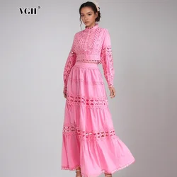 VGH Solid Hollow Out Two Piece Set For Women Stand Collar Long Sleeve Tops High Wait A Line Skirt Casual Chic Sets Female New