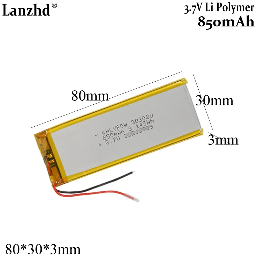 

3.7V polymer battery 850mAh For keyboard Bluetooth headphones speaker battery pack LED light wardrobe 303080